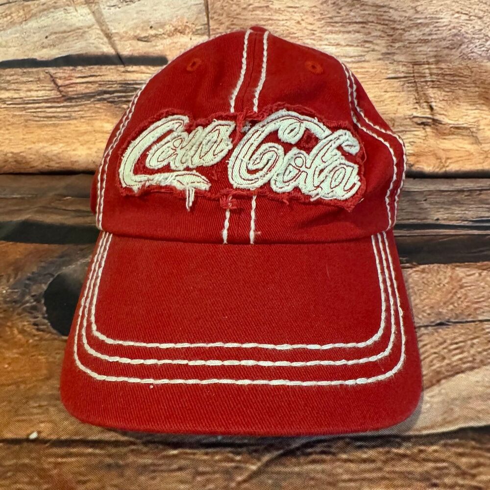 Coca-Cola Hat Men's OSFA Red Distressed Baseball Cap White Contrast Stitch